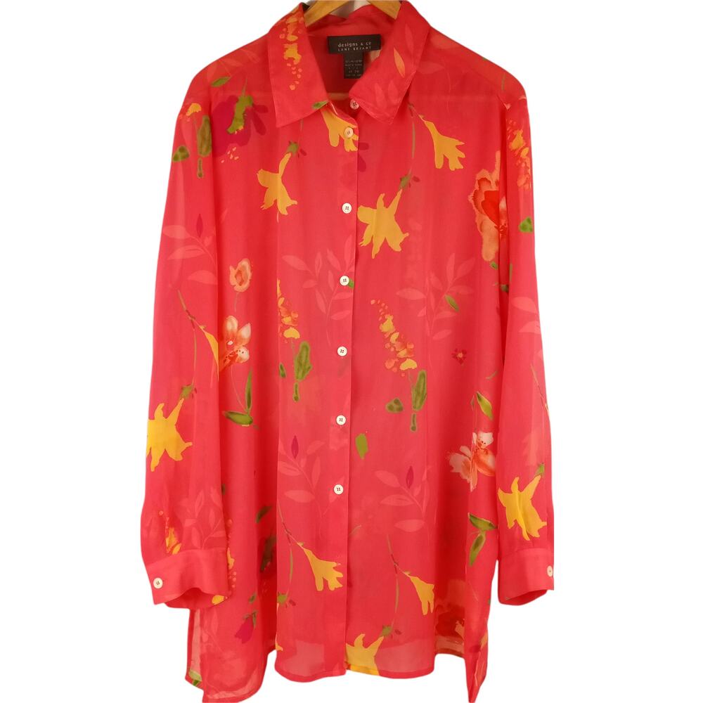 LANE BRYANT  Coral Floral Chiffon Tunic~18/20 Boho Whimsey Office wear